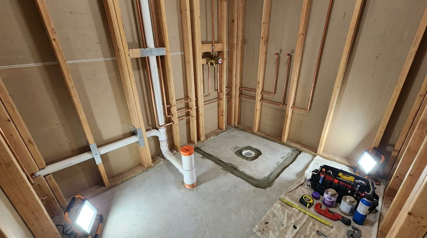Bathroom rough-in plumbing during remodel by Johns Plumbing LLC in Bulverde