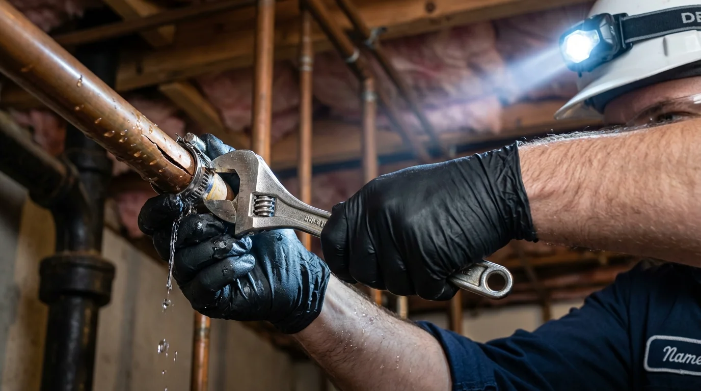 Emergency pipe clamp repair being performed by a Johns Plumbing LLC plumber in Bulverde