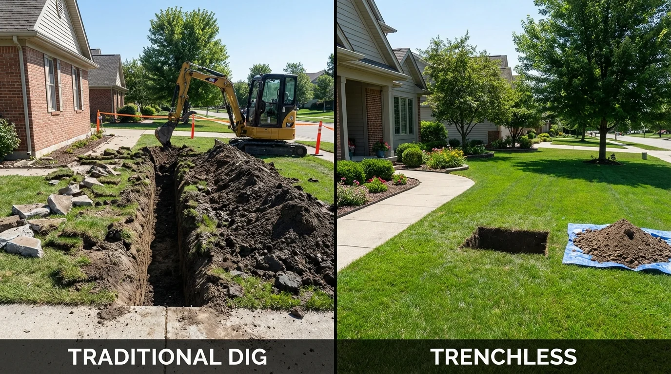 Trenchless sewer repair with minimal yard damage versus traditional excavation in Bulverde, TX