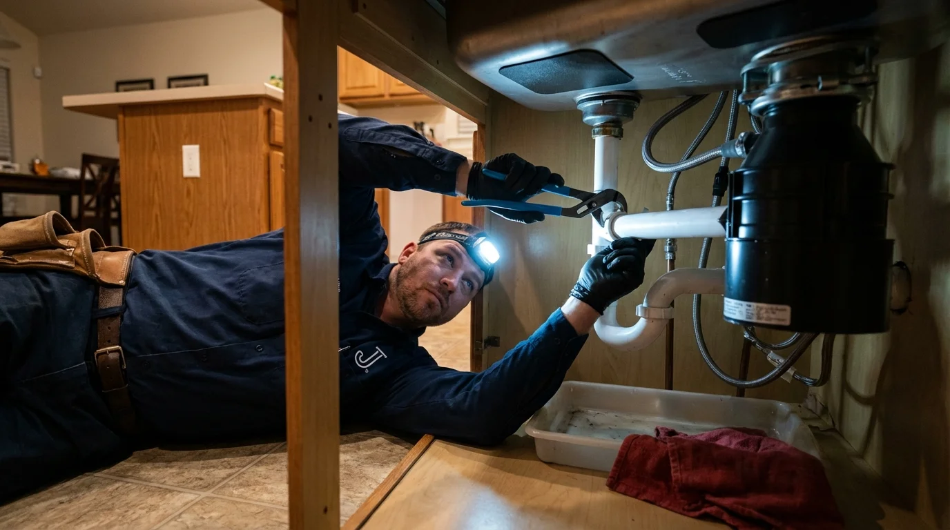P-trap and supply line connections under a kitchen sink showing a common leak point in Bulverde, TX